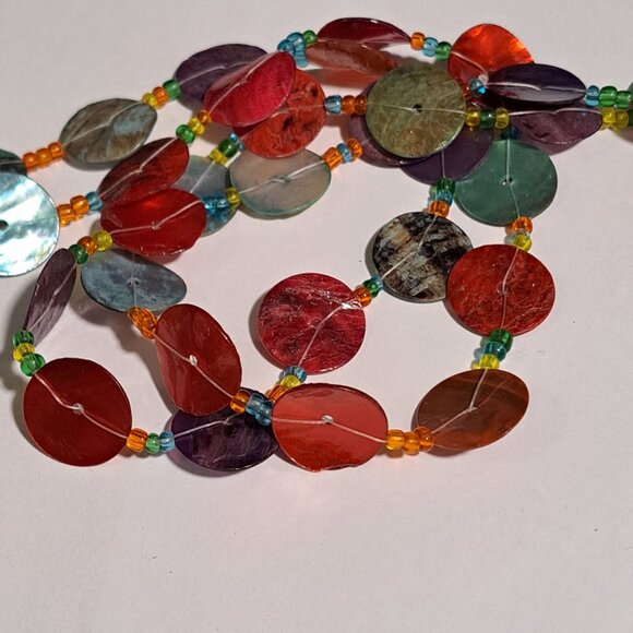 very long necklace mother of pearl look beaded purple red blue circle discs - Picture 3 of 5
